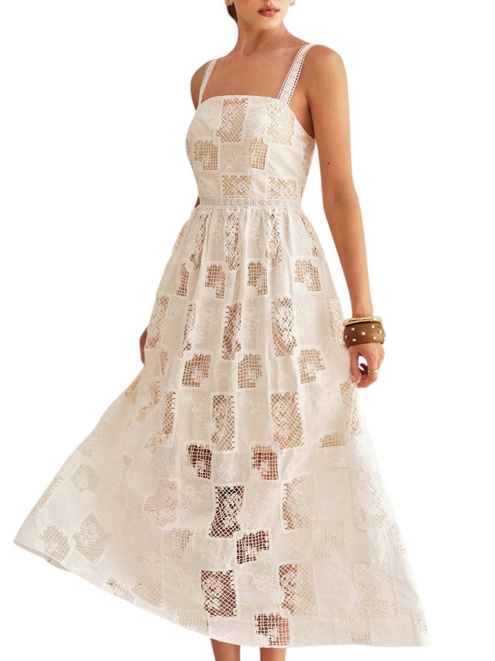 Commense White Patchwork Lace Embroidered Midi Maxi Dress Small NWT Cotton